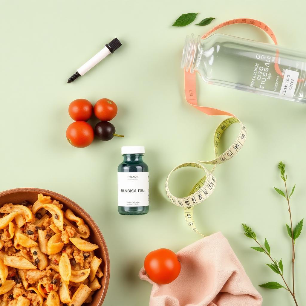 TrimRx GLP-1 lifestyle — healthy meal, vial, and hydration